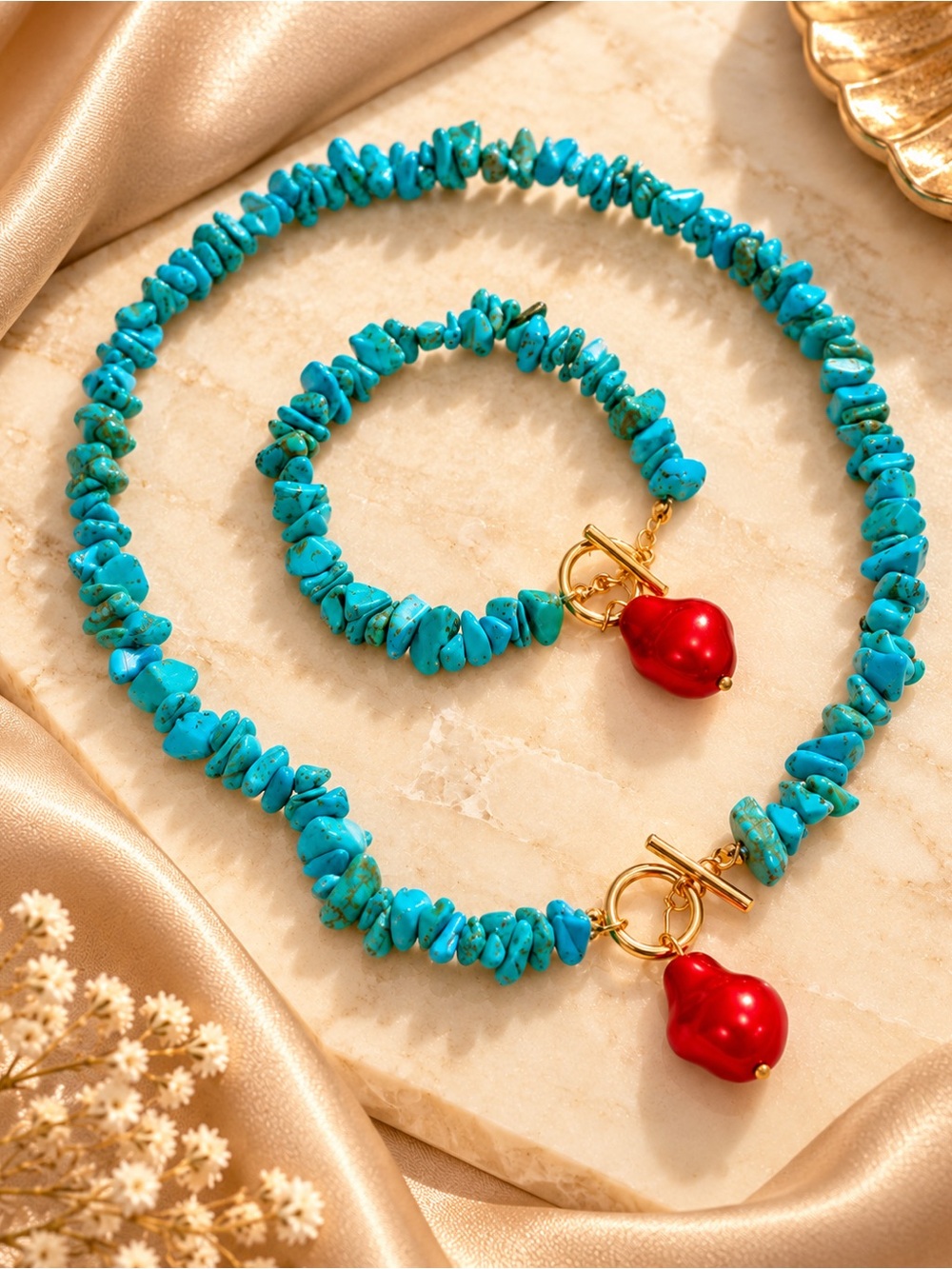 Turquoise Chip Necklace & Bracelet Set Red Charm Gold Tone Boho Jewelry